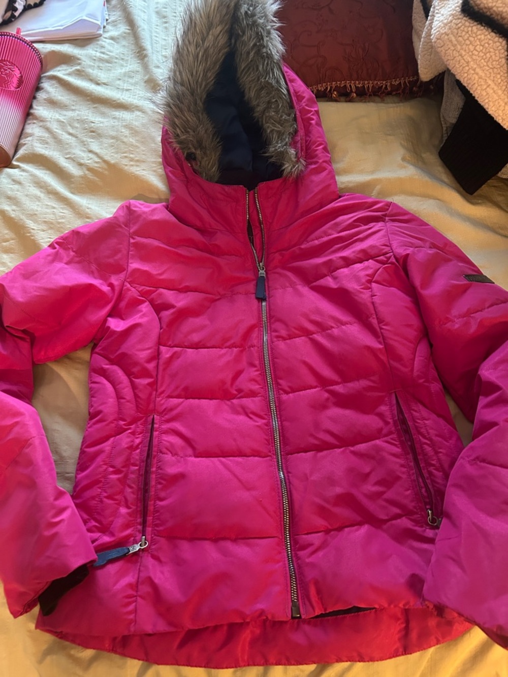 Obermeyer size 6 Hot Pink Puffer Jacket with Faux Fur Hood